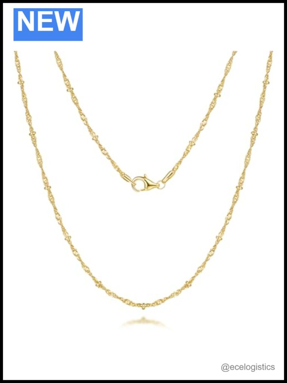 14k Gold Plated Rope Chain Necklace 1.5mm Beaded Lobster Clasp 18in